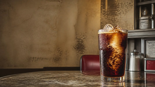 A glass of iced espresso and cola swirling together on a vintage diner counter