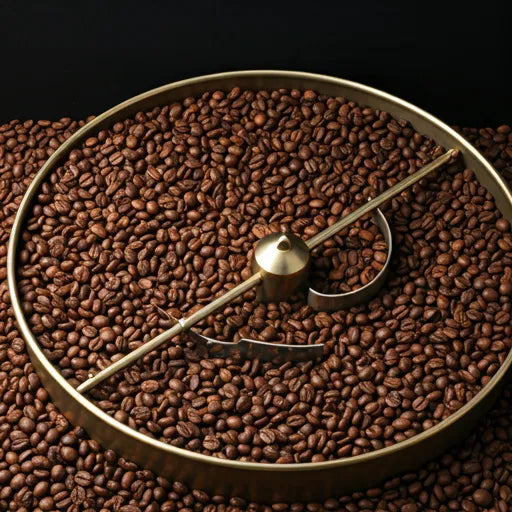 A precision freshness gauge resting on freshly roasted coffee beans