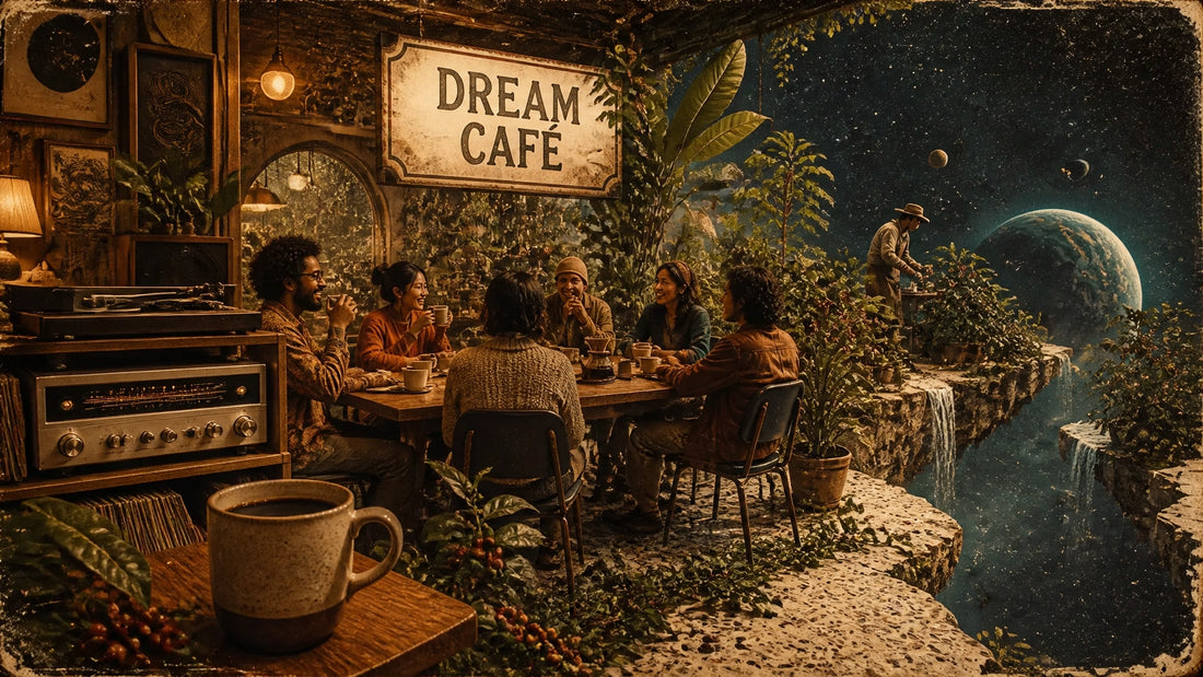 A whimsical alternate-universe dream café combining a vintage listening lounge with a lush coffee farm