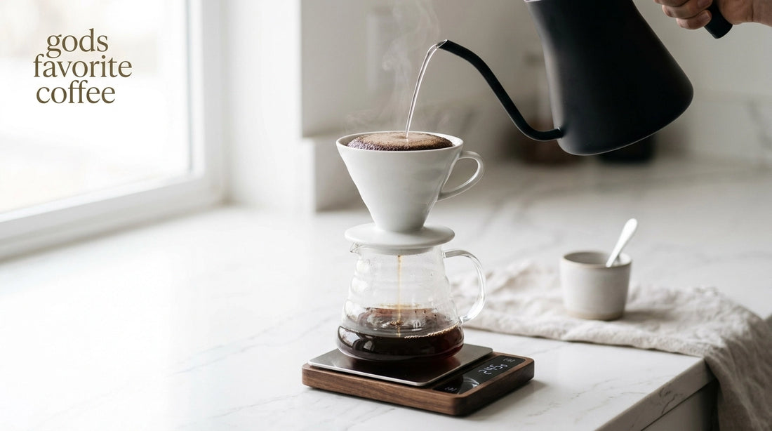 A minimalist ceramic pour-over dripper resting on a glass carafe