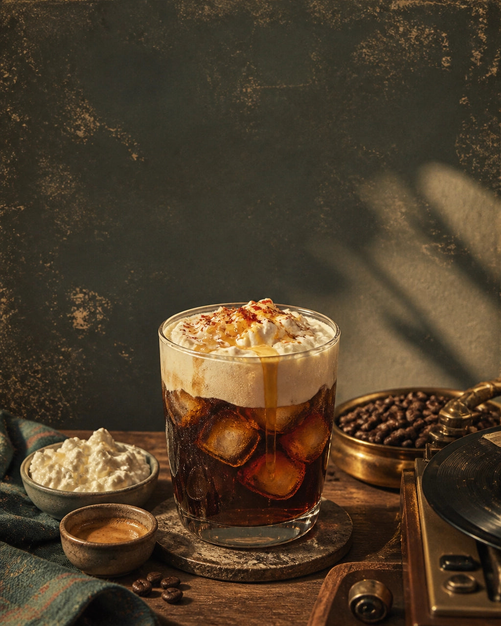 Iced espresso topped with creamy cottage cheese cold foam, hot honey, and chili flakes