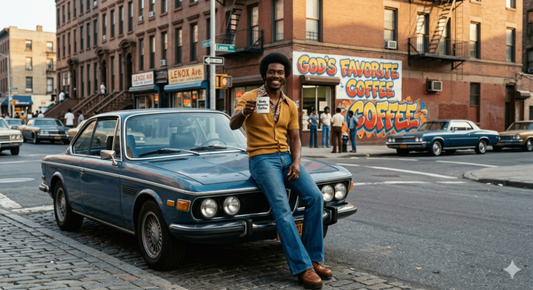 A 1970s Harlem street scene with a man holding a God