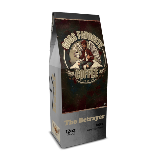 The Betrayer medium roast decaf coffee from Gods Favorite Coffee