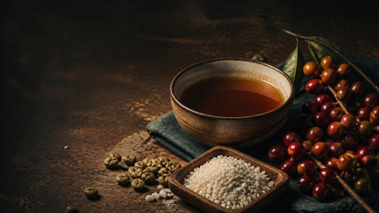 A specialty coffee cupping bowl beside ripe coffee cherries, green coffee beans, and rice koji in a warm vintage editorial se